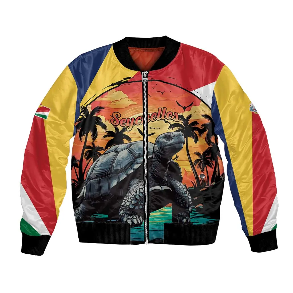 Personalised Afro Seychelles Bomber Jacket Aldabra Giant Tortoise With Beach Sunset LT15