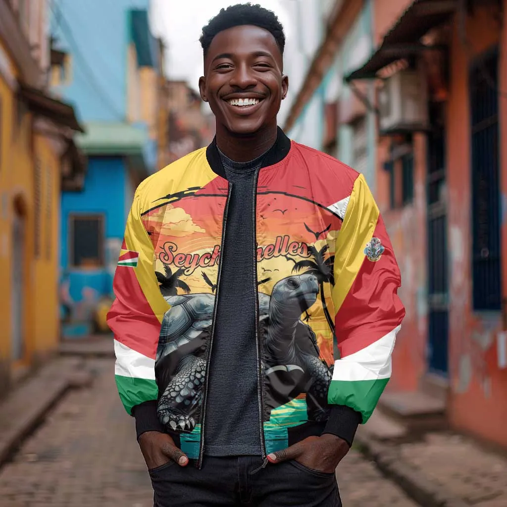 Personalised Afro Seychelles Bomber Jacket Aldabra Giant Tortoise With Beach Sunset LT15