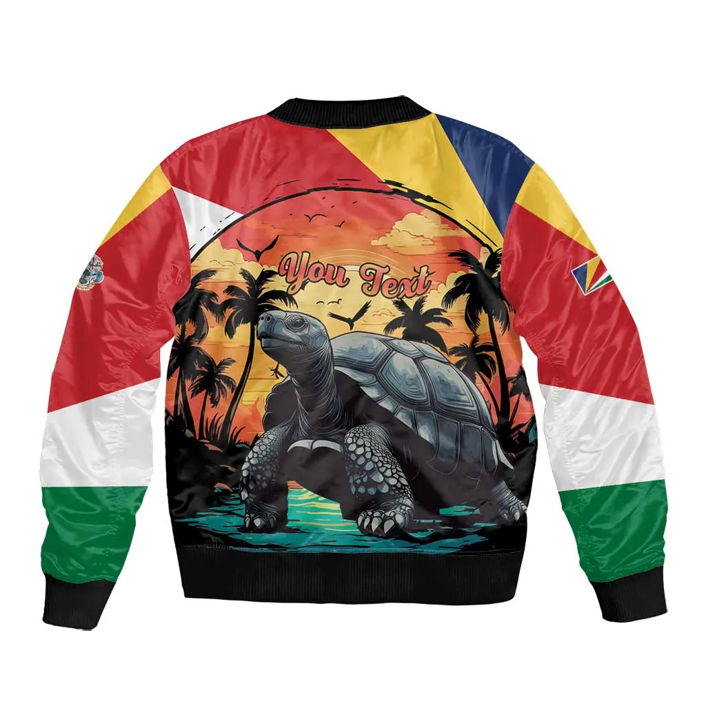 Personalised Afro Seychelles Bomber Jacket Aldabra Giant Tortoise With Beach Sunset LT15