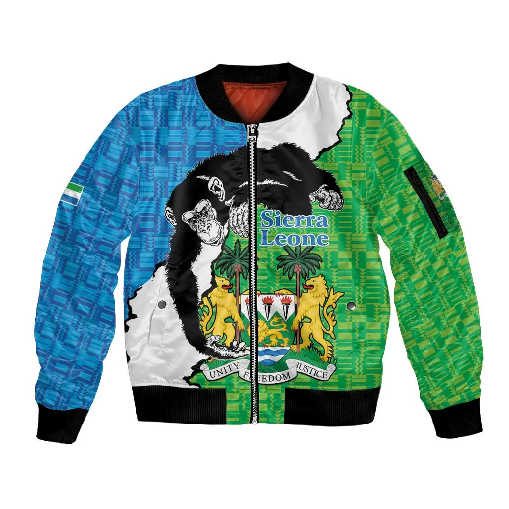 Personalised Afro Sierra Leone Sleeve Zip Bomber Jacket Chimpanzee Mix African Pattern LT15