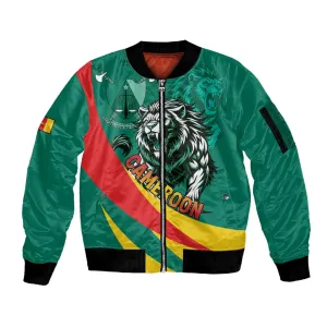 Personalised Happy Cameroon National Day Sleeve Zip Bomber Jacket Lion With Coat Of Arms - Curve Style LT15