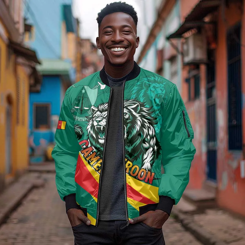 Personalised Happy Cameroon National Day Sleeve Zip Bomber Jacket Lion With Coat Of Arms - Curve Style LT15