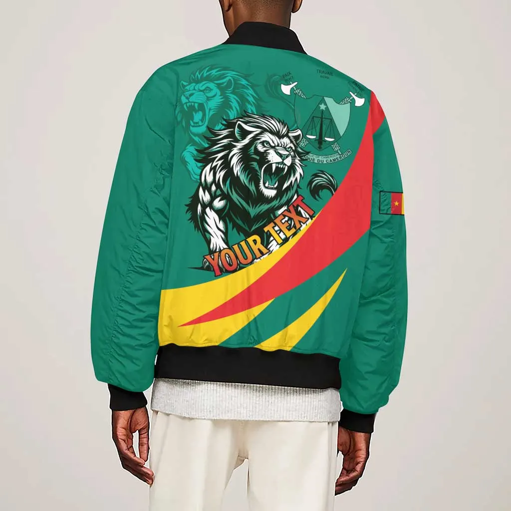 Personalised Happy Cameroon National Day Sleeve Zip Bomber Jacket Lion With Coat Of Arms - Curve Style LT15