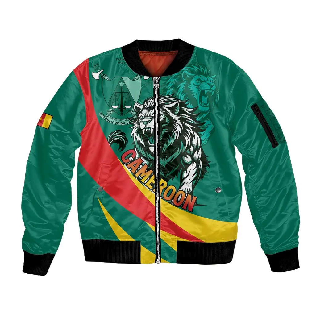 Personalised Happy Cameroon National Day Sleeve Zip Bomber Jacket Lion With Coat Of Arms - Curve Style LT15