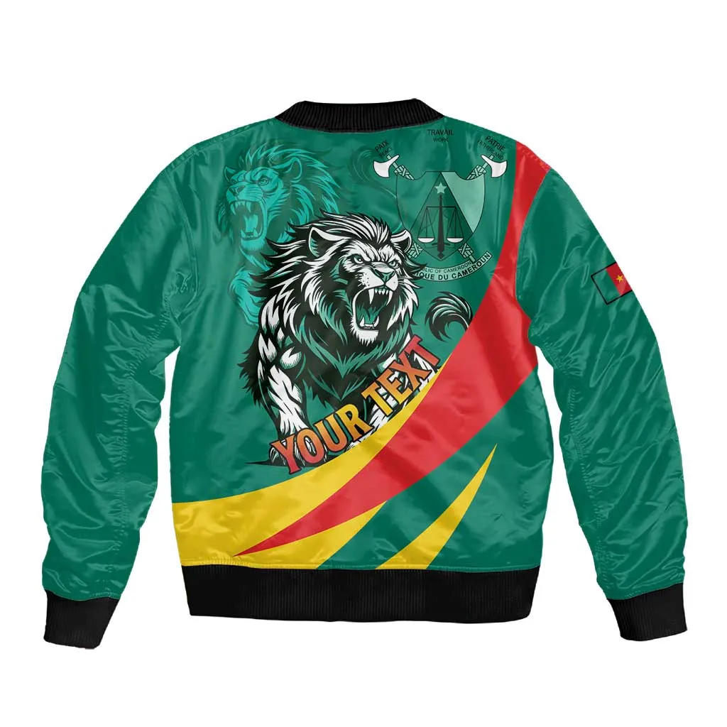Personalised Happy Cameroon National Day Sleeve Zip Bomber Jacket Lion With Coat Of Arms - Curve Style LT15