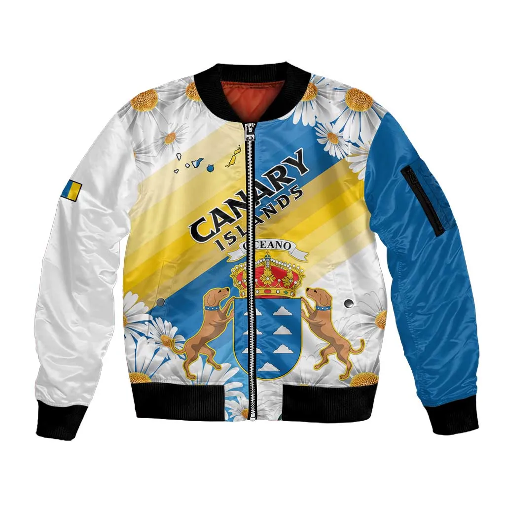 Personalized Canary Islands Sleeve Zip Bomber Jacket Coat Of Arms Argyranthemum Frutescens LT15
