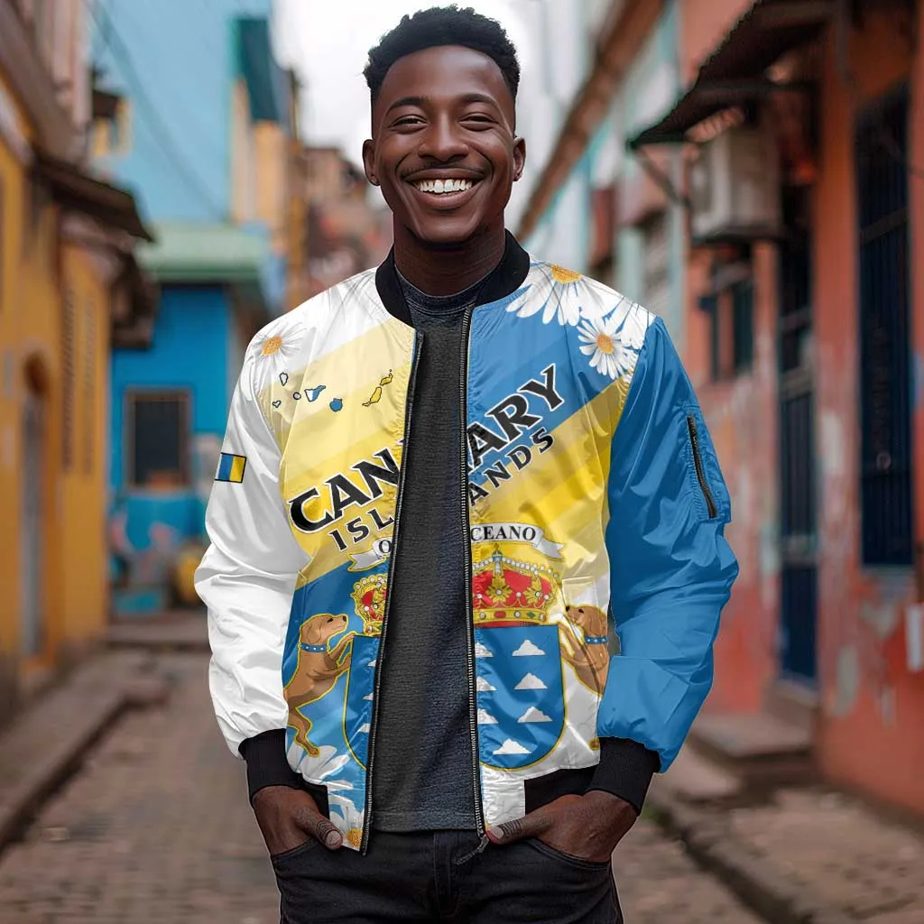 Personalized Canary Islands Sleeve Zip Bomber Jacket Coat Of Arms Argyranthemum Frutescens LT15