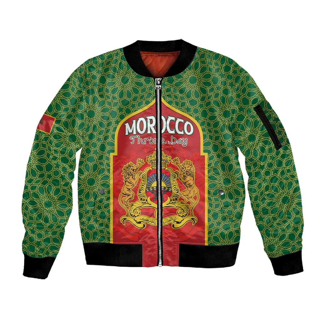 Personalized Morocco Fete du Trone Sleeve Zip Bomber Jacket King Lion LT15