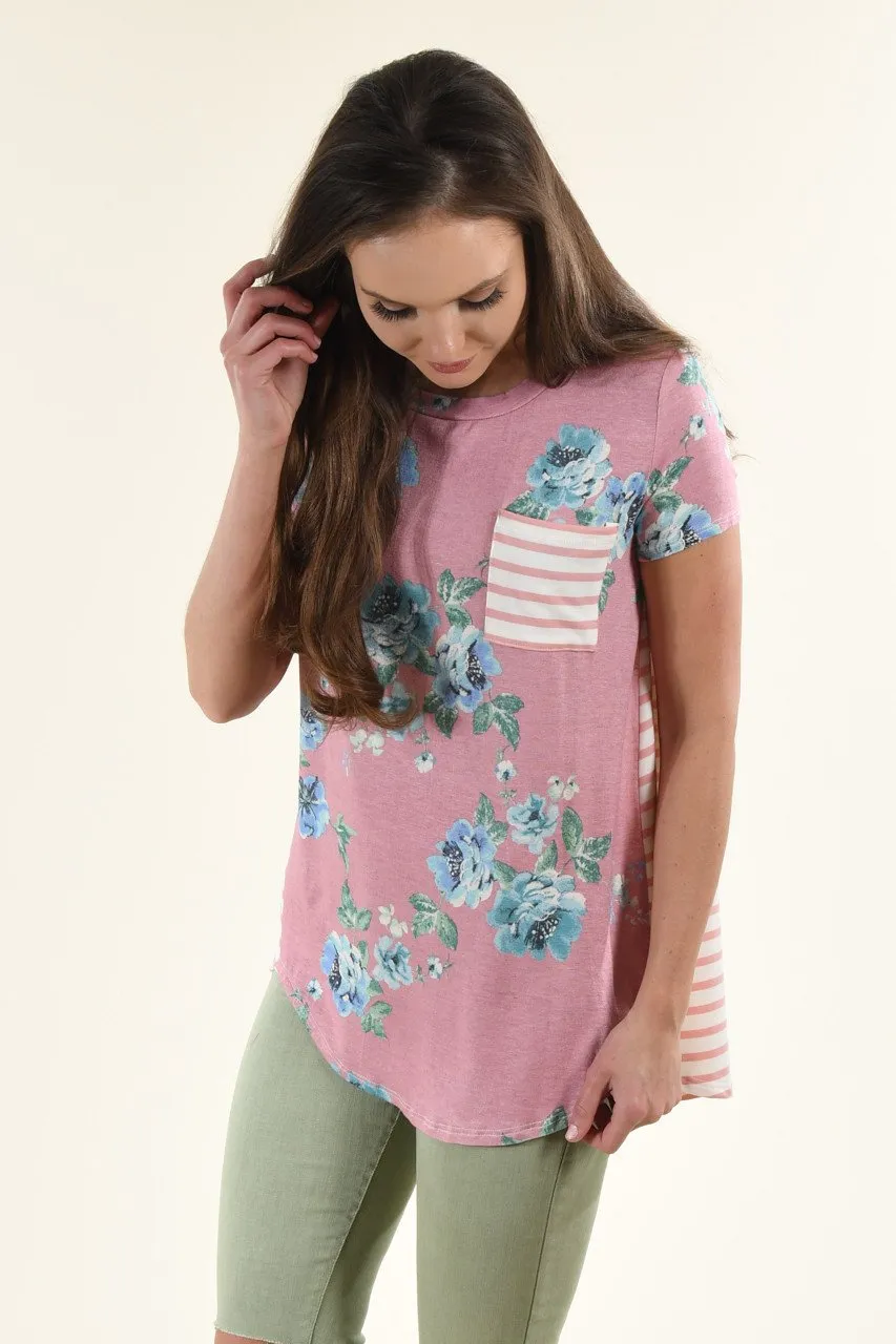 Pink Floral & Stripes Pocket Top