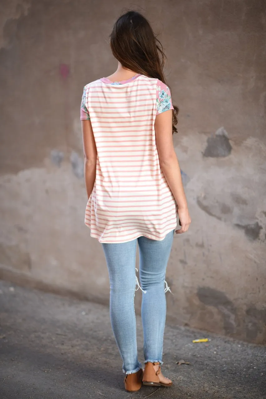 Pink Floral & Stripes Pocket Top