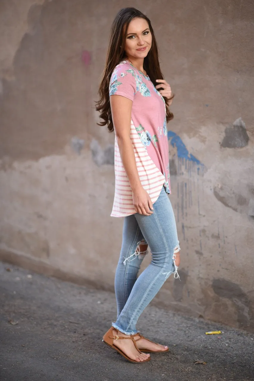 Pink Floral & Stripes Pocket Top