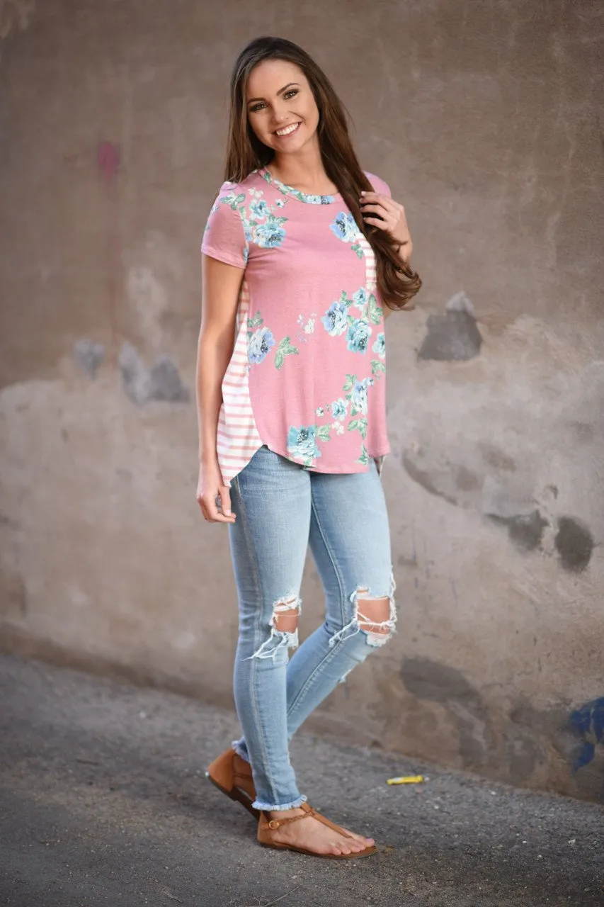 Pink Floral & Stripes Pocket Top