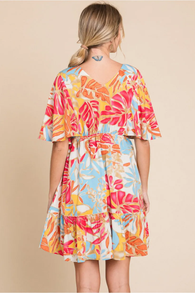 Plant Print Dress W/V-Neck Short Butterfly Sleeves