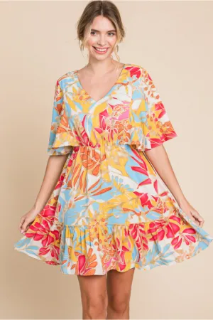 Plant Print Dress W/V-Neck Short Butterfly Sleeves