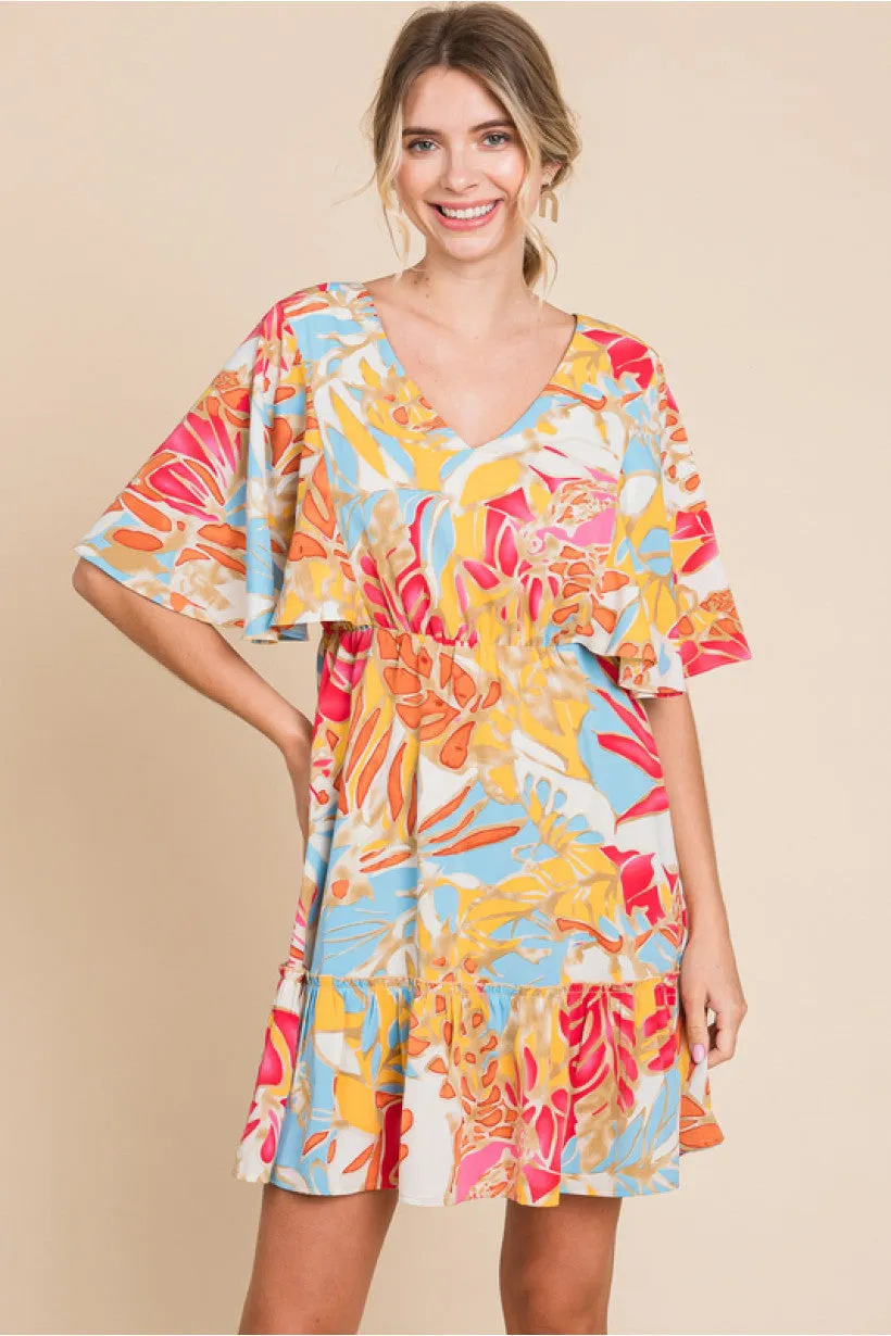 Plant Print Dress W/V-Neck Short Butterfly Sleeves