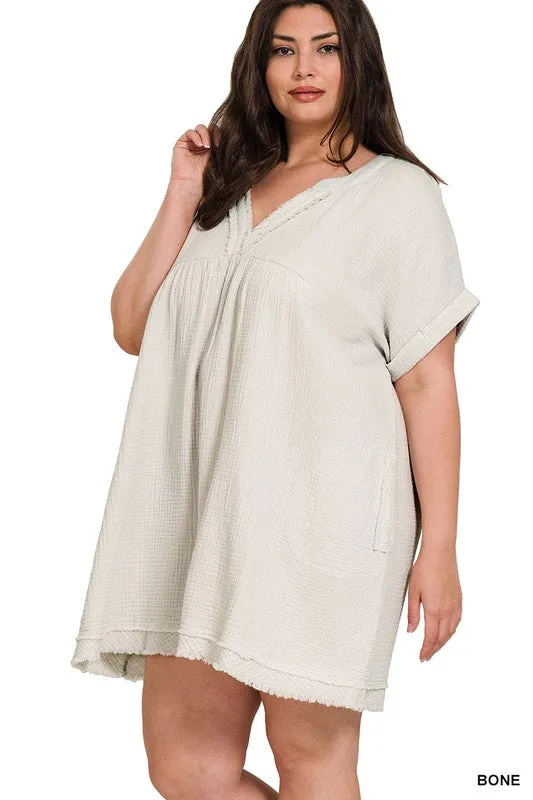 PLUS DOUBLE GAUZE RAW EDGE V-NECK DRESS