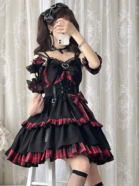 Pre-Sale Idol clothes Lolita JSK Dress Red Plaid Pattern Sleeveless Ruffles Bows Lace Up Lolita Jumper Skirt