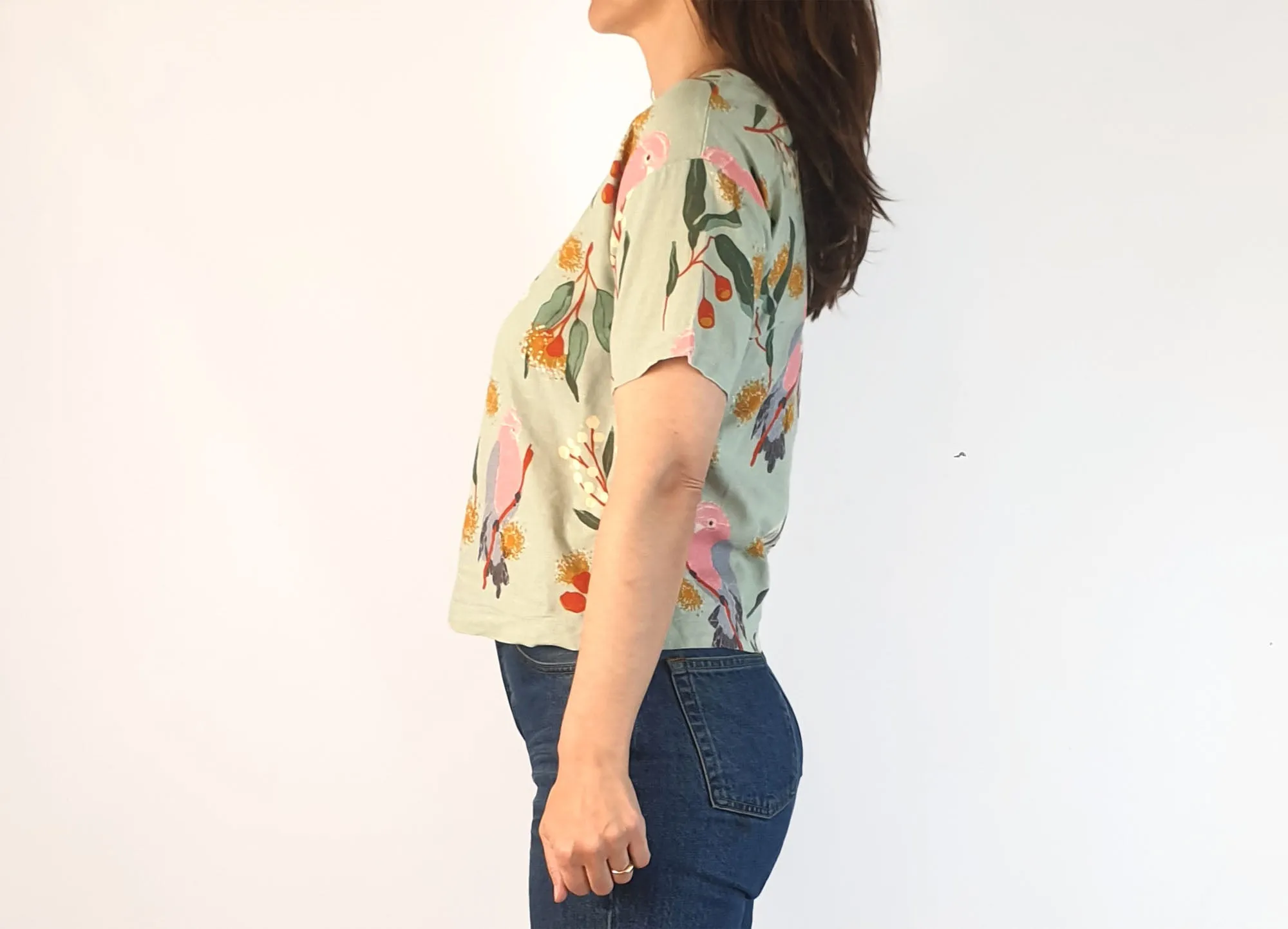 Princess Highway green top with galah print size 6, fits 6 and 8