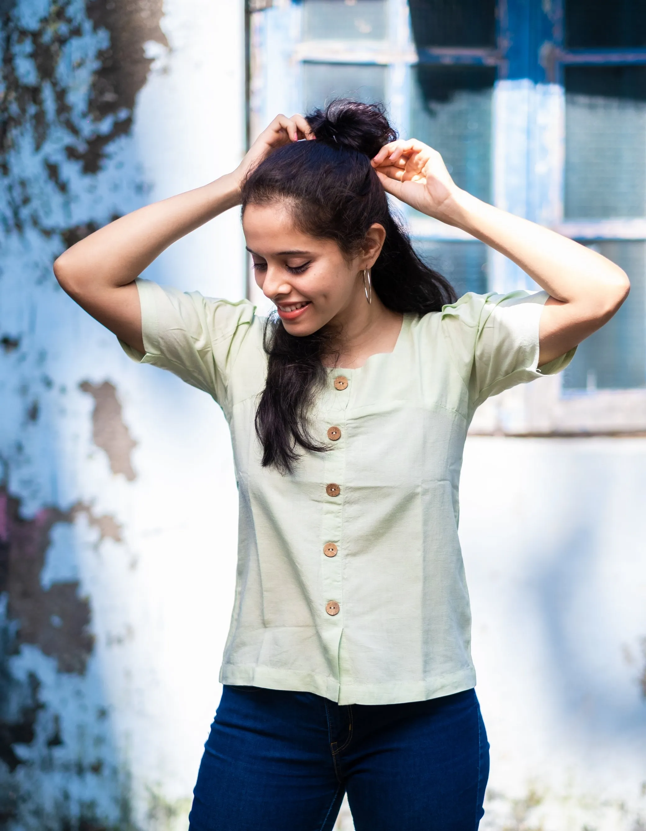 "Thyme" Green Shirt Top in Linen Lyocell