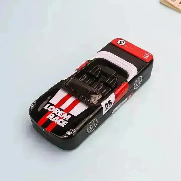 Racing Car Metal Pencil Box with Movable Wheels and Seats