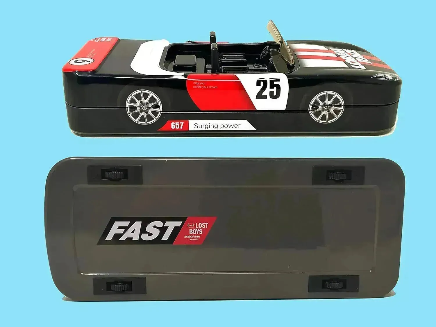 Racing Car Metal Pencil Box with Movable Wheels and Seats