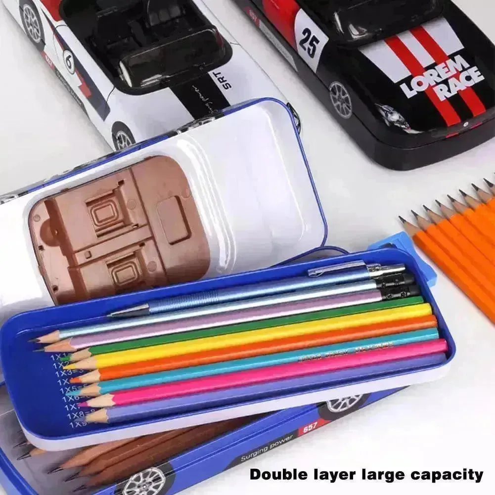 Racing Car Metal Pencil Box with Movable Wheels and Seats
