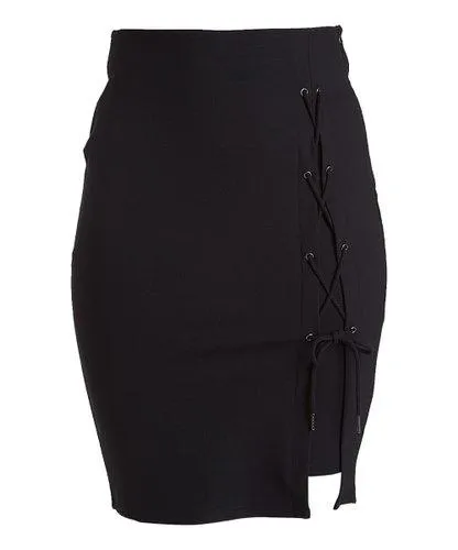 Rapheeze ABCG Knee Length Personality Black Lace-Up Pencil Skirt