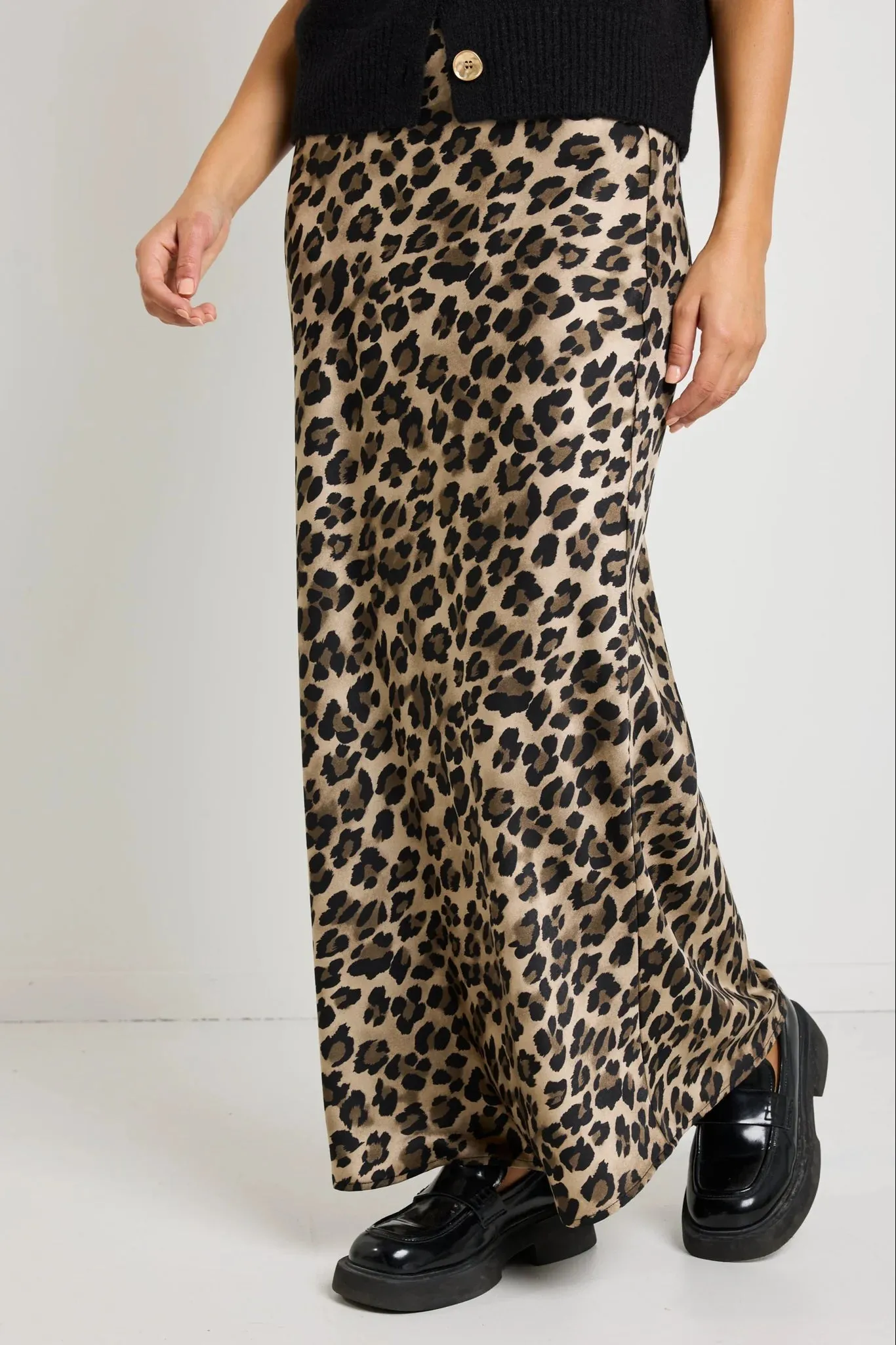 Record Leopard Satin Bias Midi Skirt