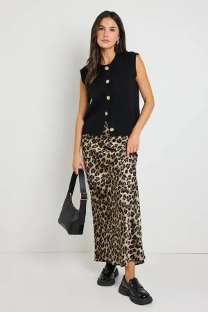 Record Leopard Satin Bias Midi Skirt