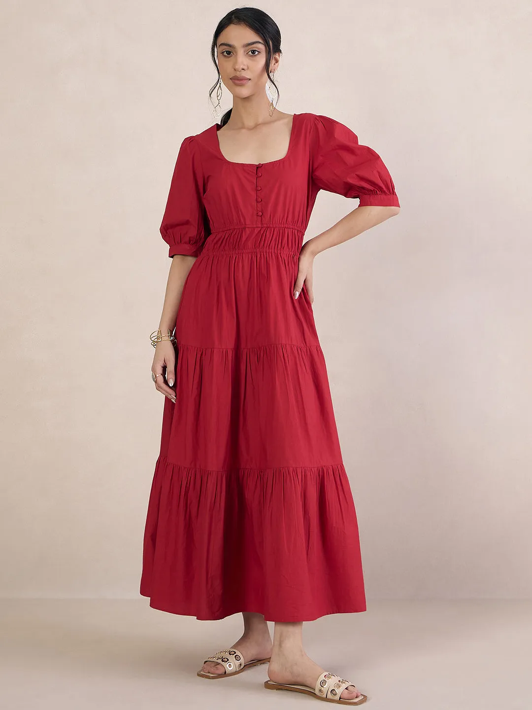 Red Poplin Smocked Maxi Dress