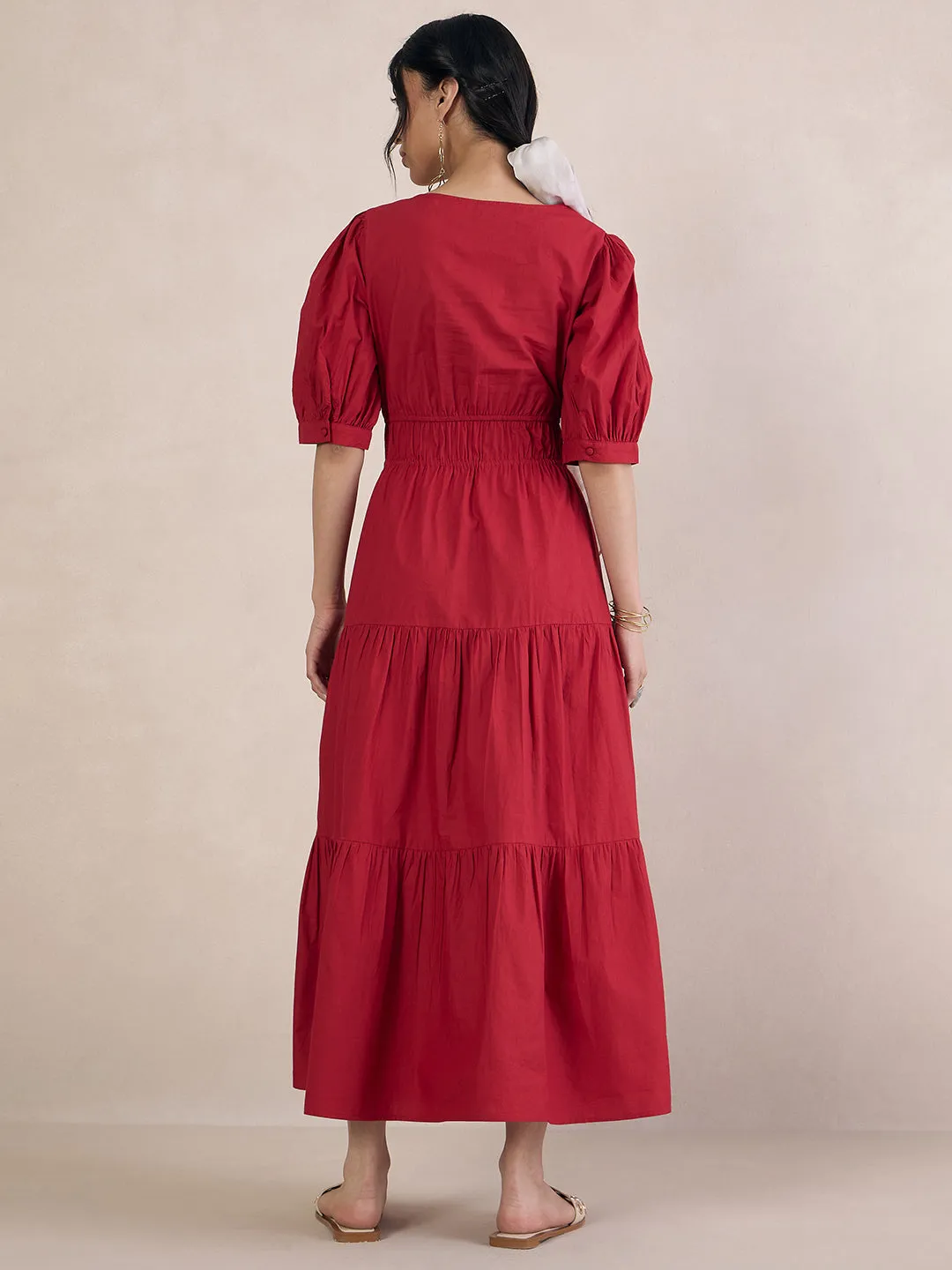 Red Poplin Smocked Maxi Dress