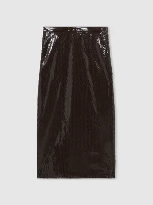 Reiss Atelier Laser-Cut Pencil Skirt in Chocolate