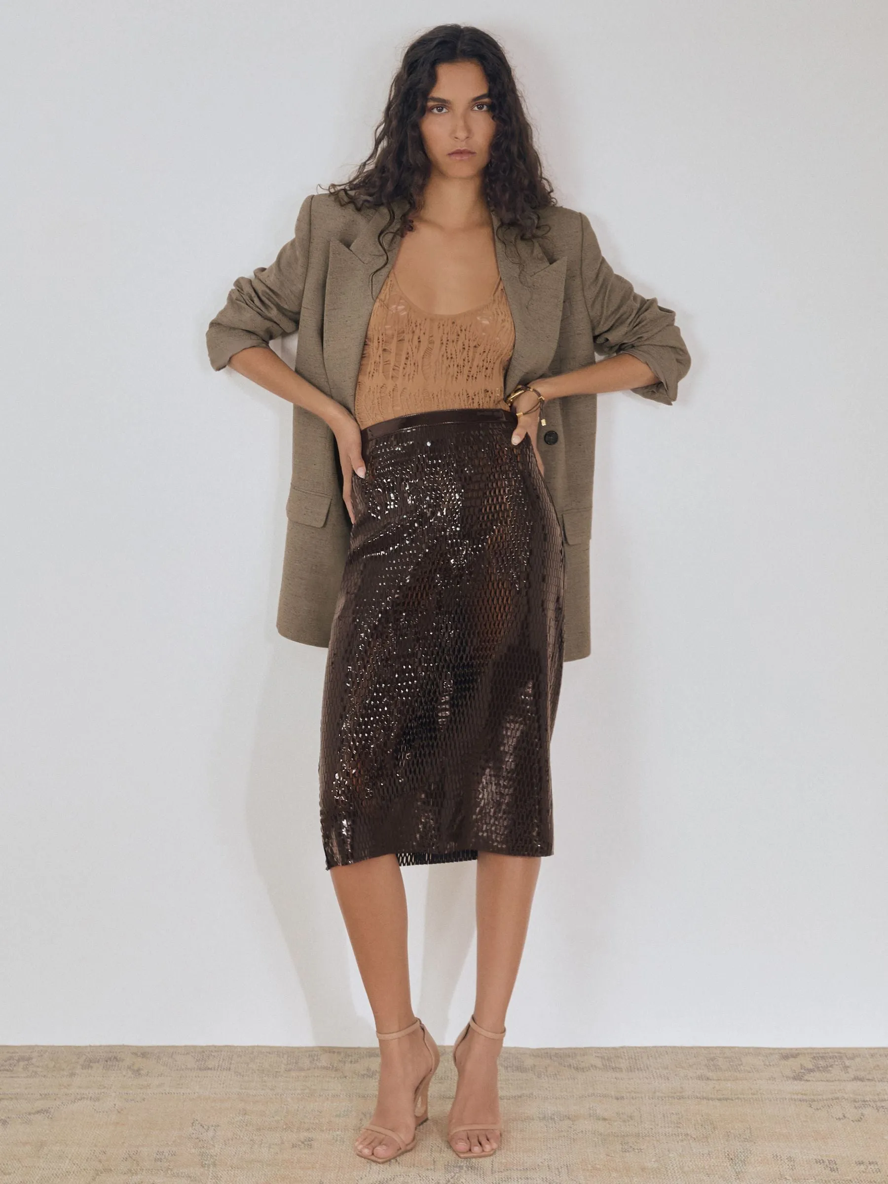 Reiss Atelier Laser-Cut Pencil Skirt in Chocolate