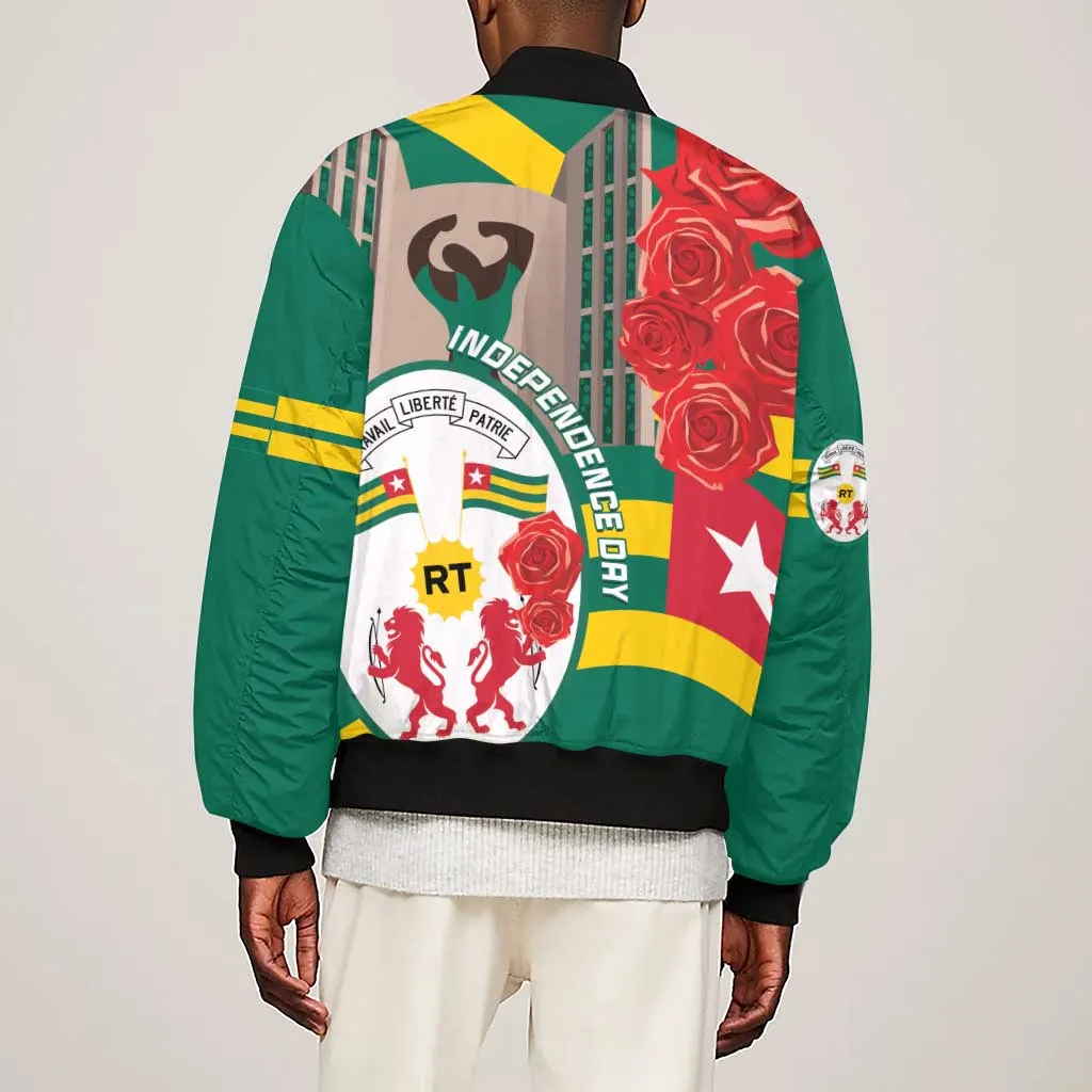Republique Togolaise Monument de l'Independance Sleeve Zip Bomber Jacket African Pinkish Rose Coat Of Arms LT14