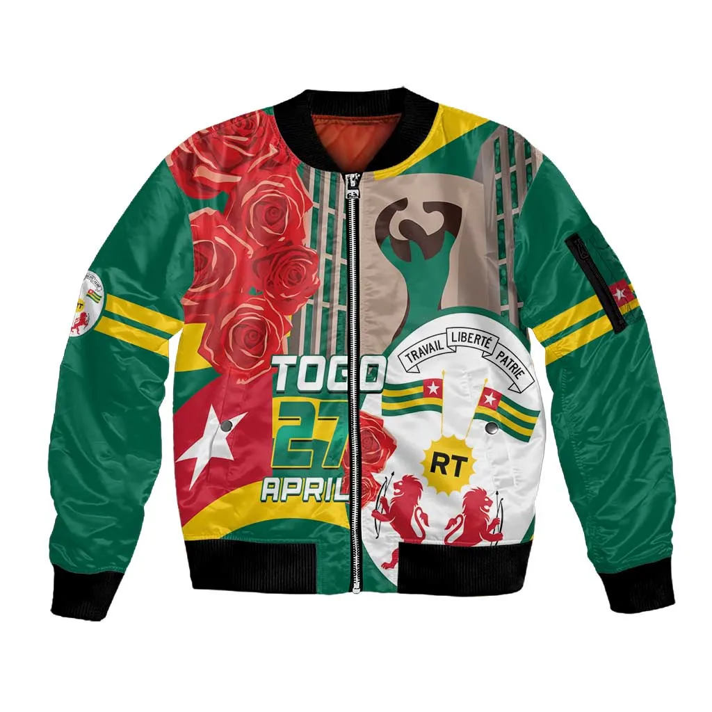Republique Togolaise Monument de l'Independance Sleeve Zip Bomber Jacket African Pinkish Rose Coat Of Arms LT14