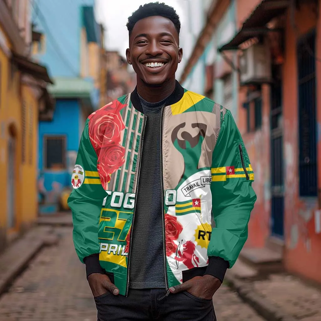 Republique Togolaise Monument de l'Independance Sleeve Zip Bomber Jacket African Pinkish Rose Coat Of Arms LT14