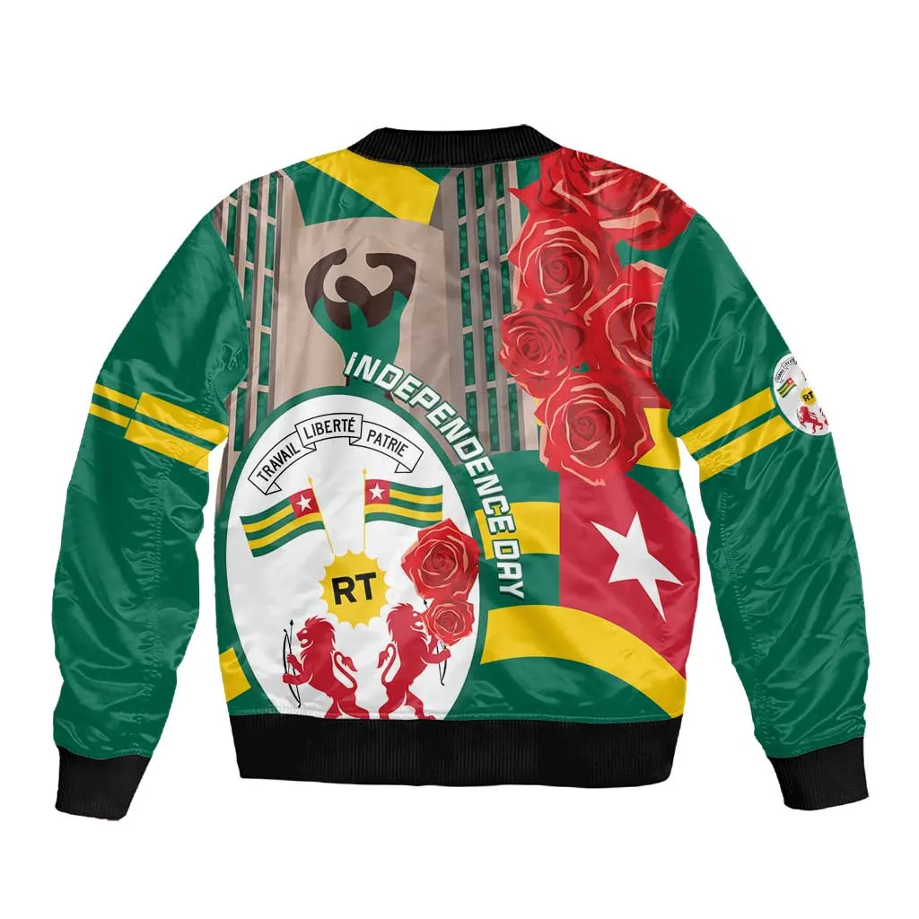 Republique Togolaise Monument de l'Independance Sleeve Zip Bomber Jacket African Pinkish Rose Coat Of Arms LT14