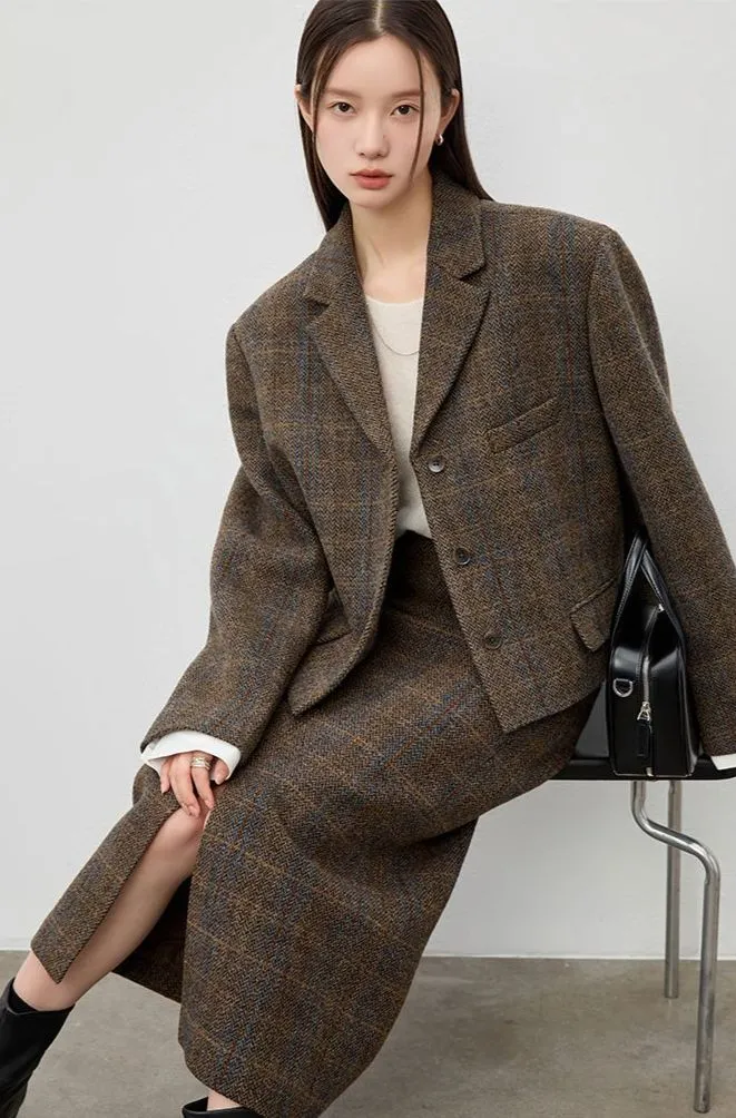 Retro Tweed Skirt and Blazer Set