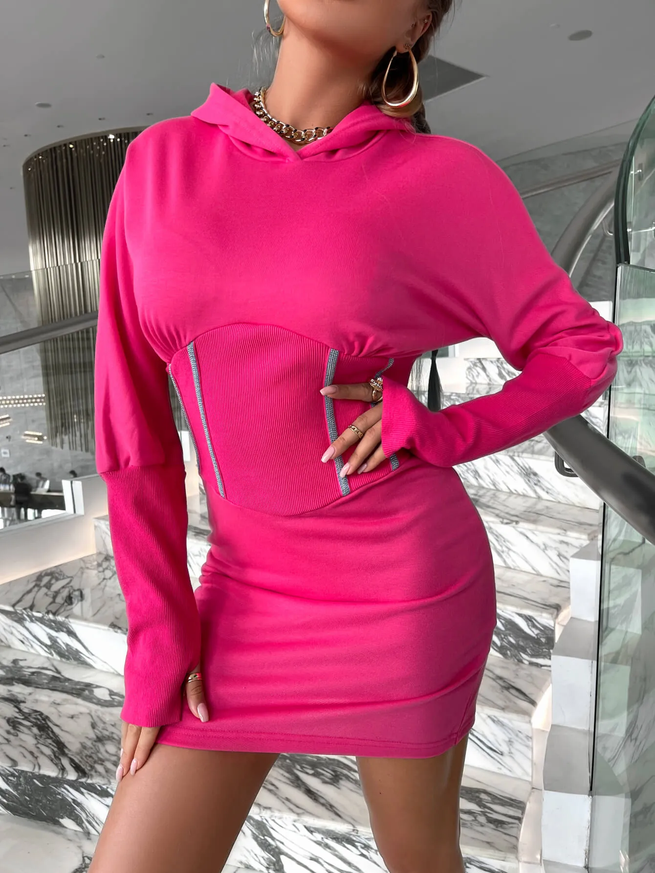 Rhinestone Hooded Mini Bodycon Dress