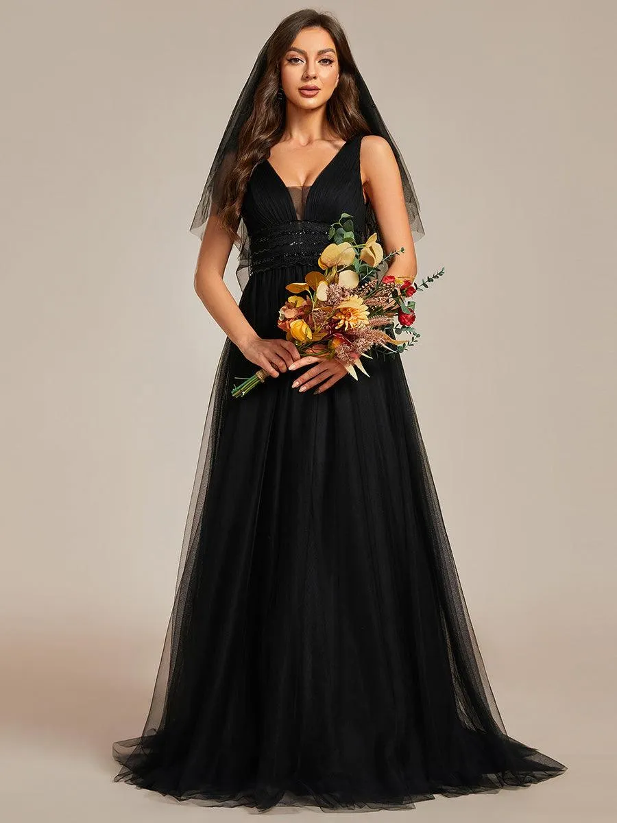 Robe de mariée longue sans manches en V profond et dos bas