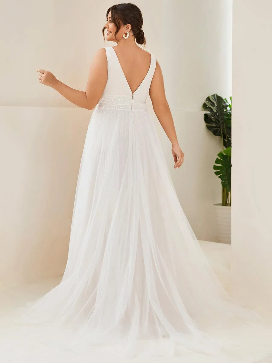 Robe de mariée longue sans manches en V profond et dos bas