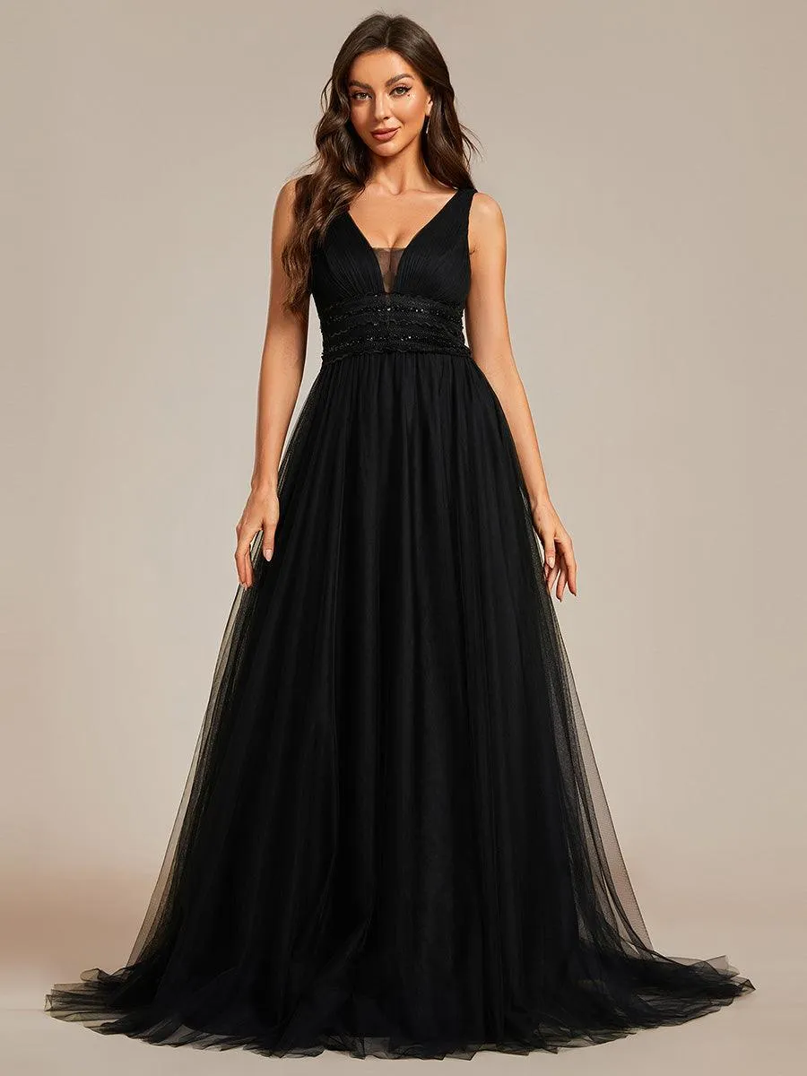 Robe de mariée longue sans manches en V profond et dos bas