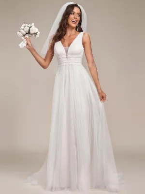 Robe de mariée longue sans manches en V profond et dos bas