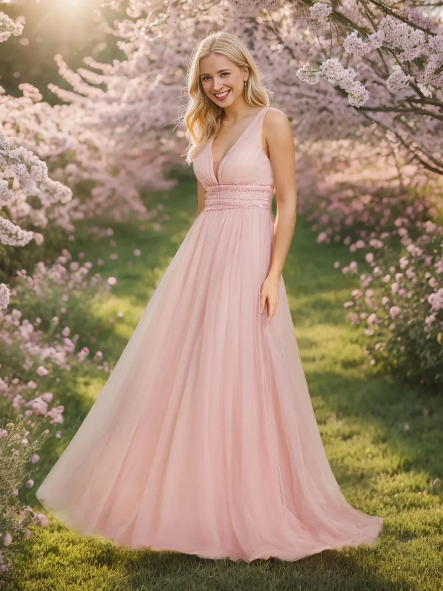 Robe de mariée longue sans manches en V profond et dos bas