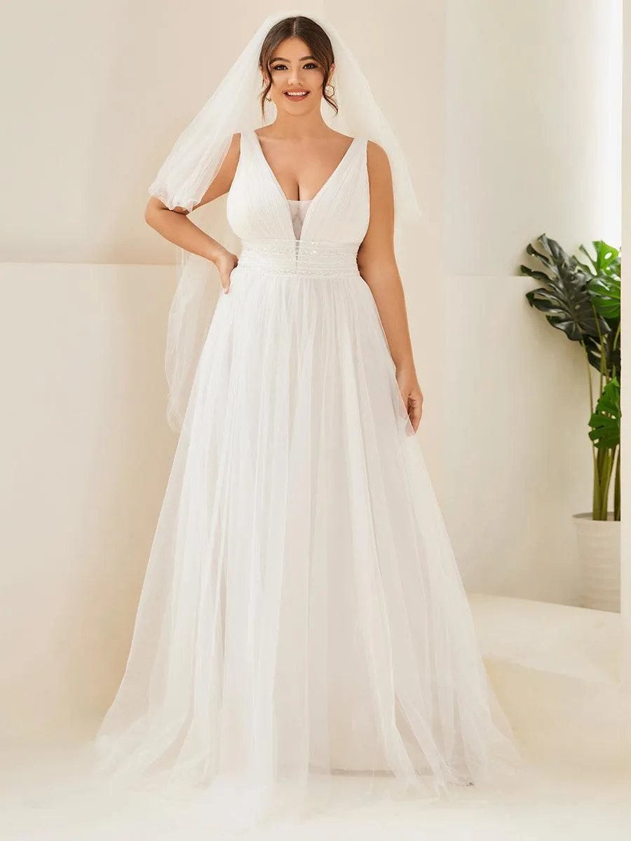 Robe de mariée longue sans manches en V profond et dos bas
