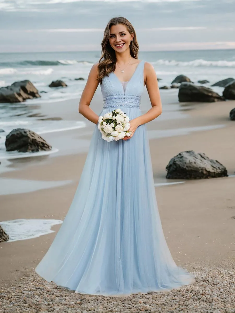 Robe de mariée longue sans manches en V profond et dos bas