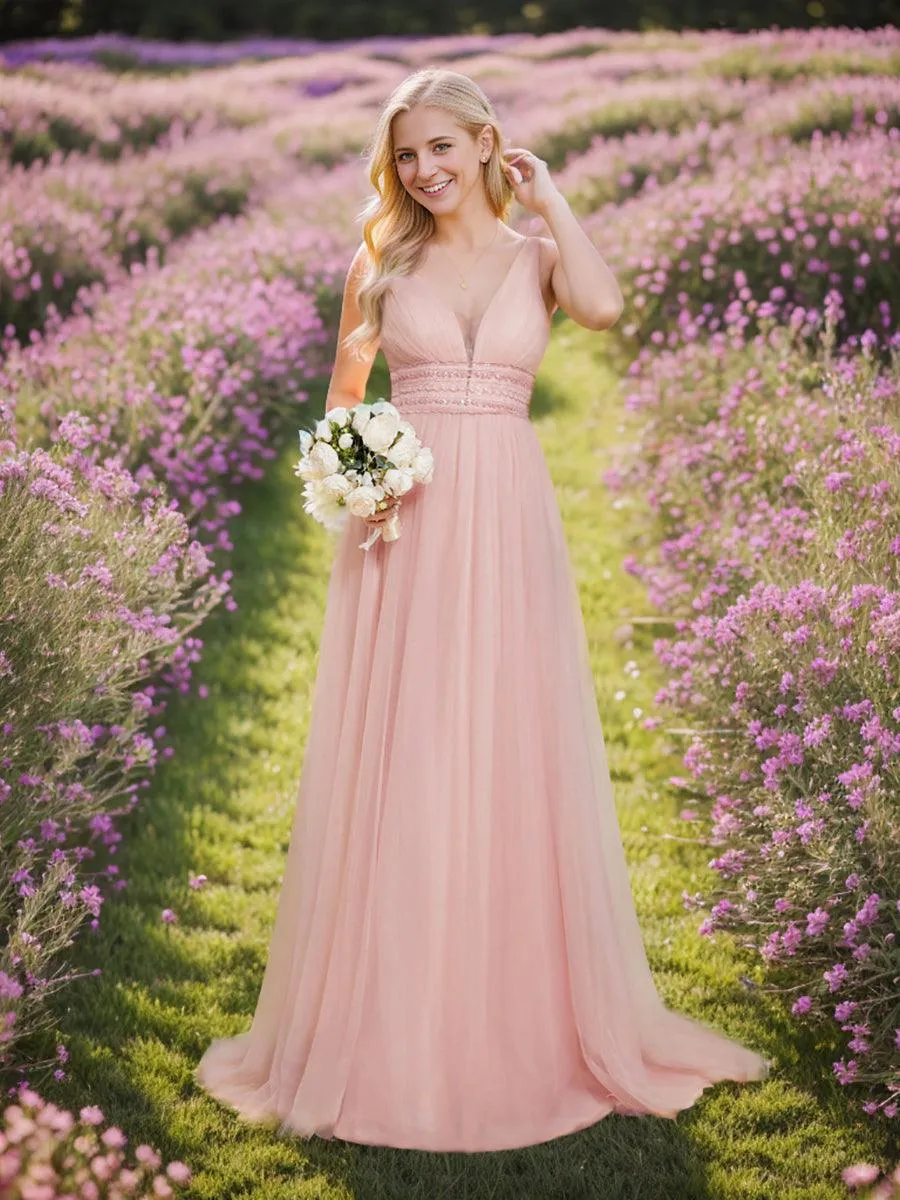 Robe de mariée longue sans manches en V profond et dos bas