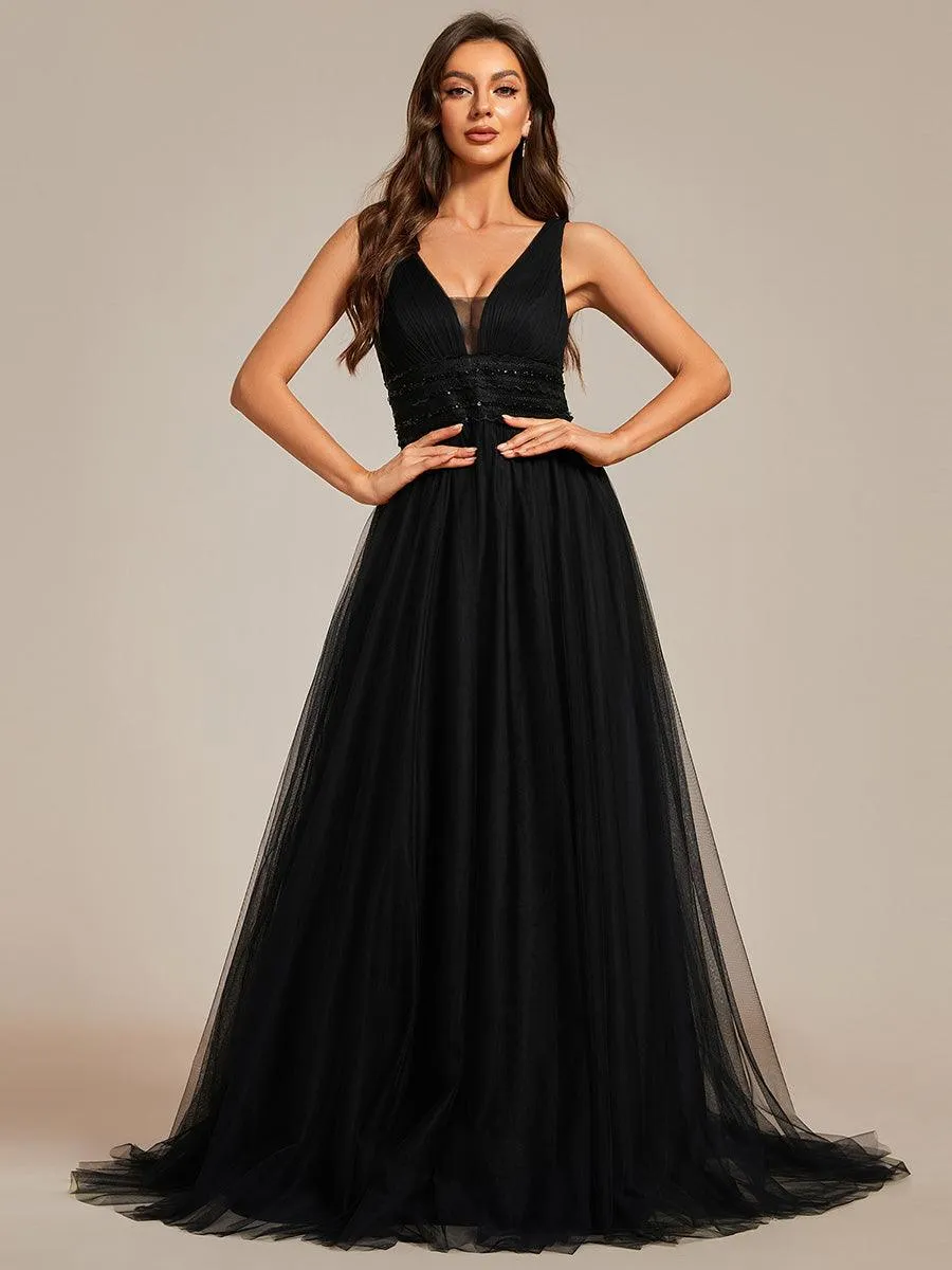 Robe de mariée longue sans manches en V profond et dos bas