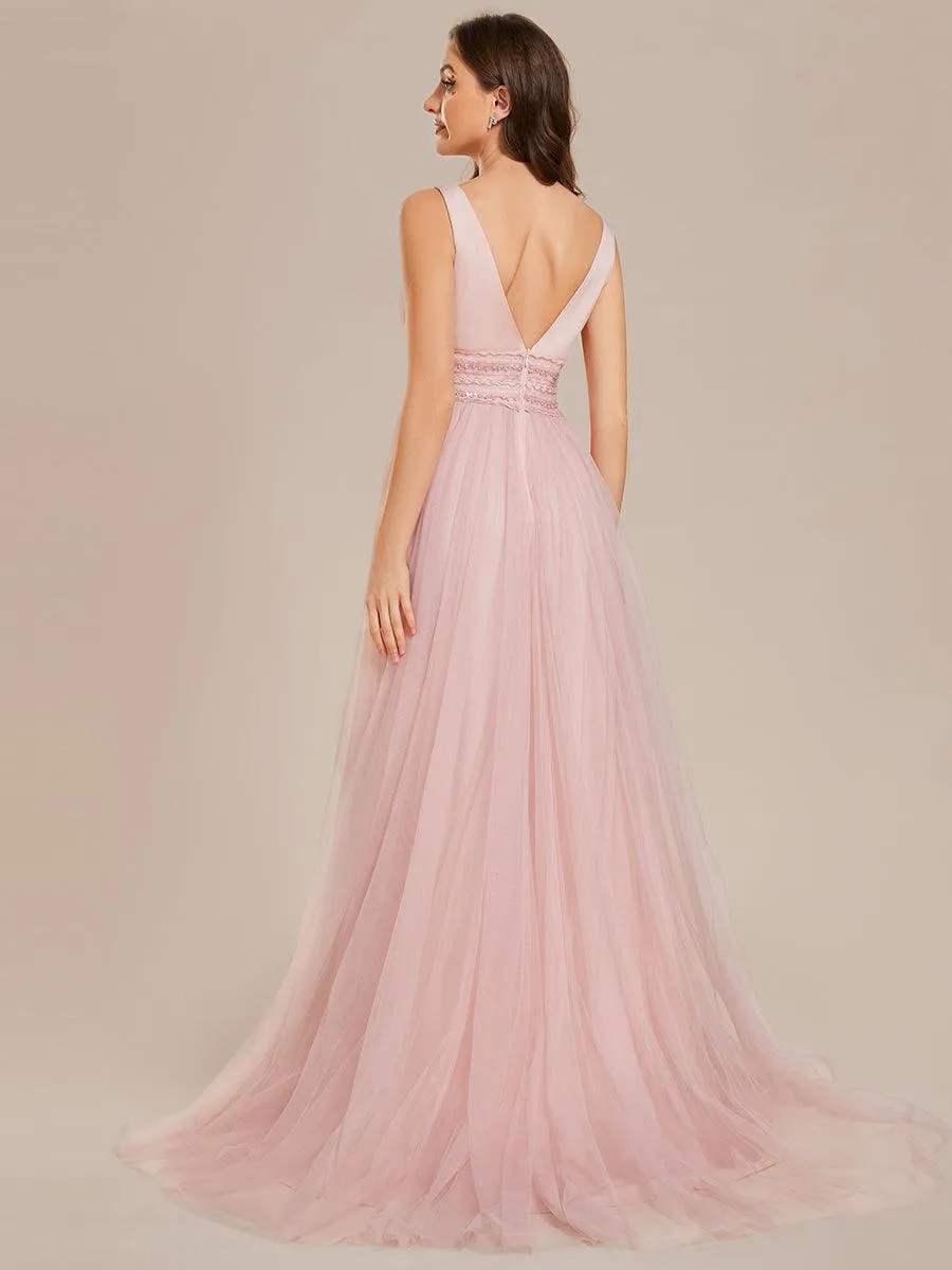 Robe de mariée longue sans manches en V profond et dos bas