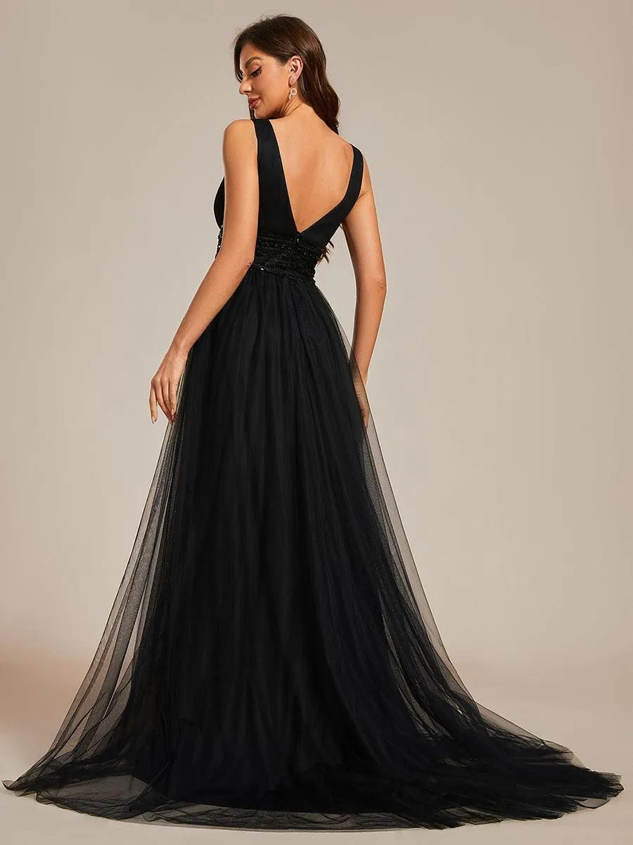 Robe de mariée longue sans manches en V profond et dos bas